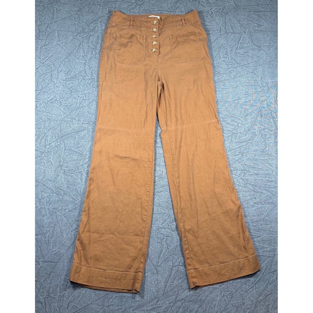 Maeve Anthropologie Pants Womens 8 Brown Wide Leg Button Fly Linen OB1467799
